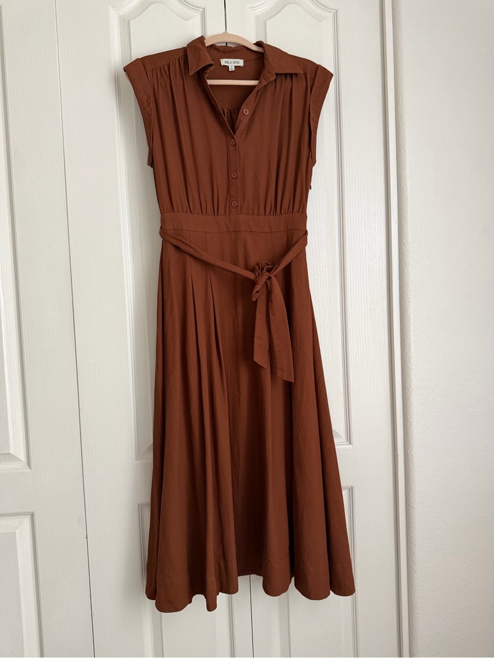 Nili Lotan Sleeveless Collared Midi Dress in Rust Brown